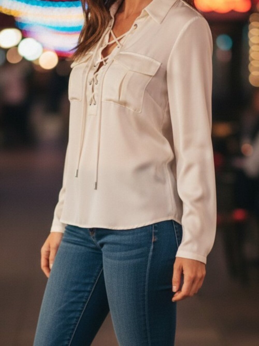 L'Academie Lace-Up Silk Blouse Cream Long Sleeve Pocket Top, Size S NWT